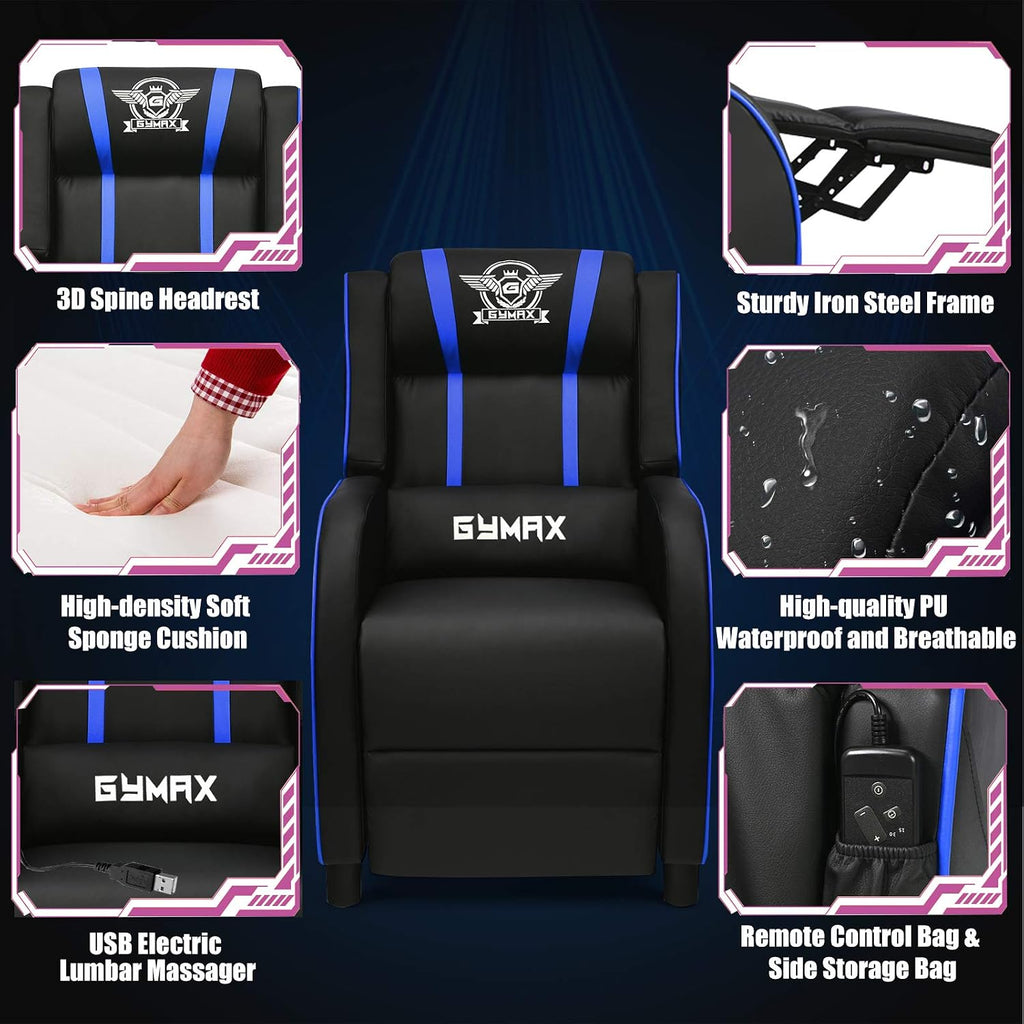 POWERSTONE Gaming Recliner Chair, Reclining Gaming Chairs for Adults Ergonomic Leather Sofa with Footrest Lumbar Support Headrest and Side Pouch for Living Room Home Theater, Blue