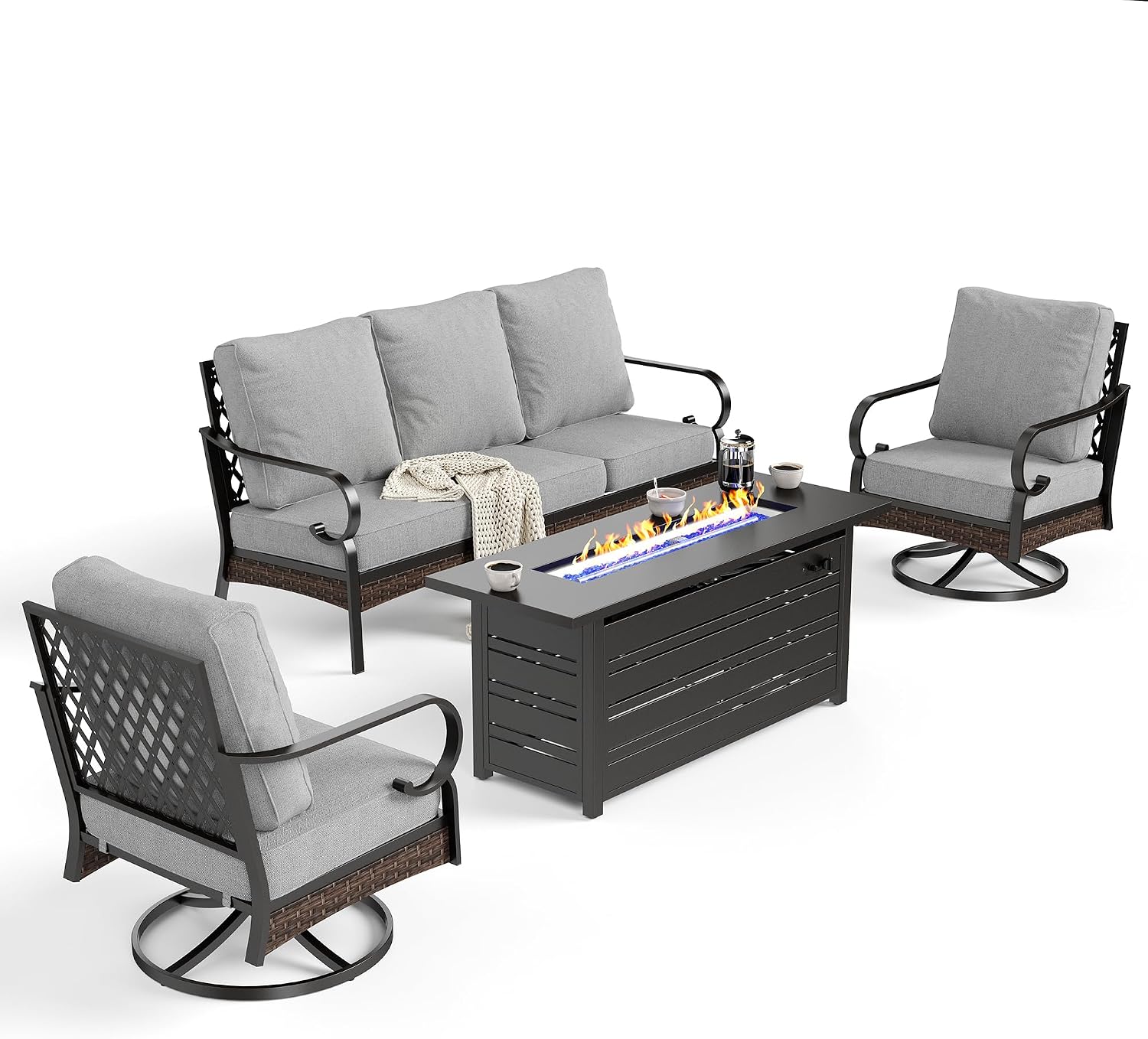 SUNSHINE VALLEY 4 Piece Black Metal Outdoor Patio Furniture Sets with Firepit Table, Patio Conversation Sets 1 3-Seater Sofa, 2 Swivel Sofa with 5.75' Cushion Backyard Furniture for Deck, Light Gray