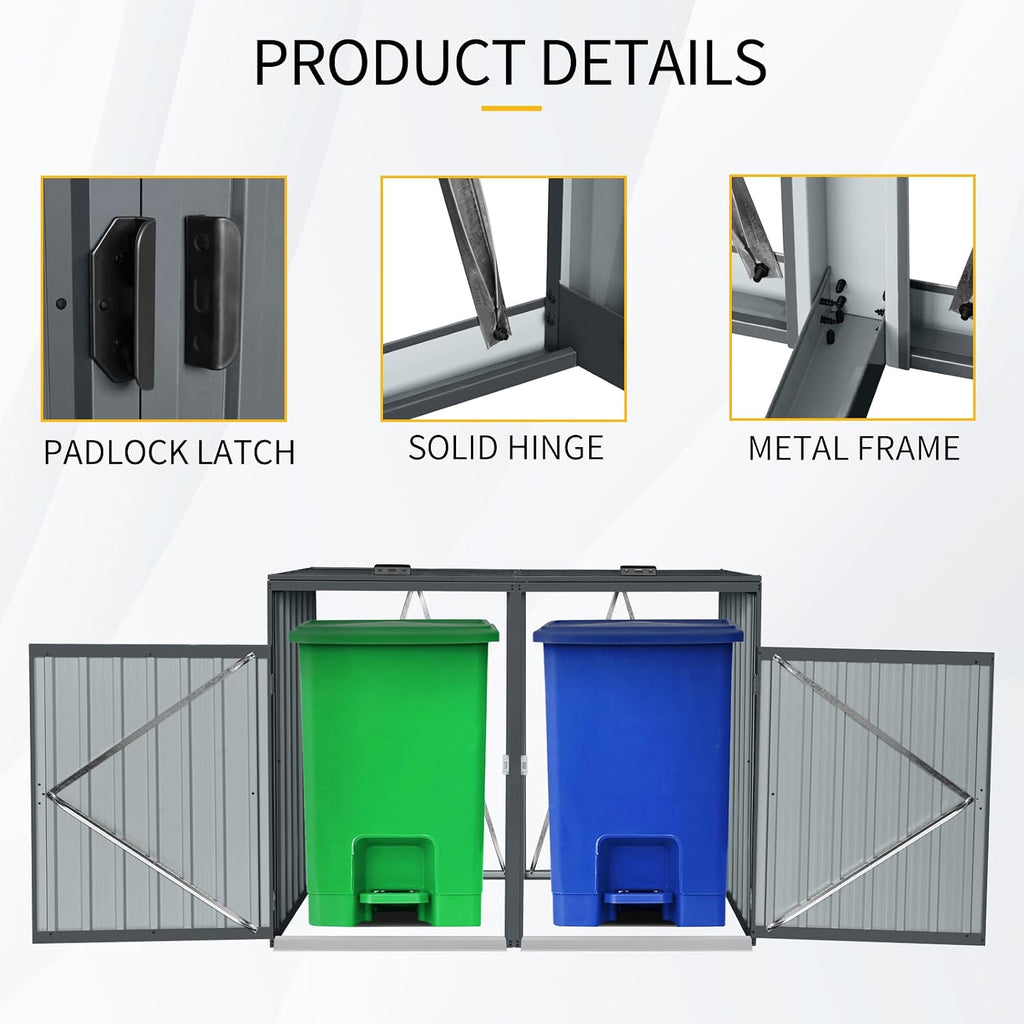 Outdoor Garbage Bin Storage Shed Galvanized Steel Outdoor for 2 Trash cans with Lockable Doors Metal Storage Shed for Garden Yard Lawn (Black-2)