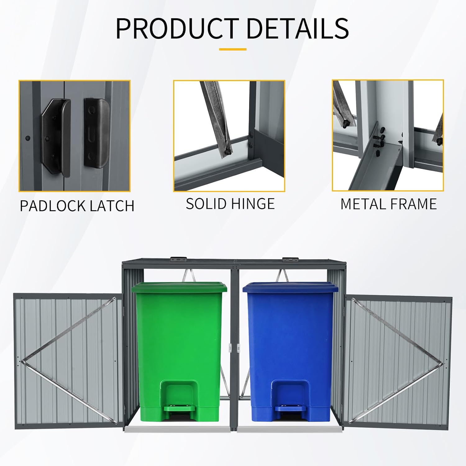 Outdoor Garbage Bin Storage Shed Galvanized Steel Outdoor for 2 Trash cans with Lockable Doors Metal Storage Shed for Garden Yard Lawn (Black-2)