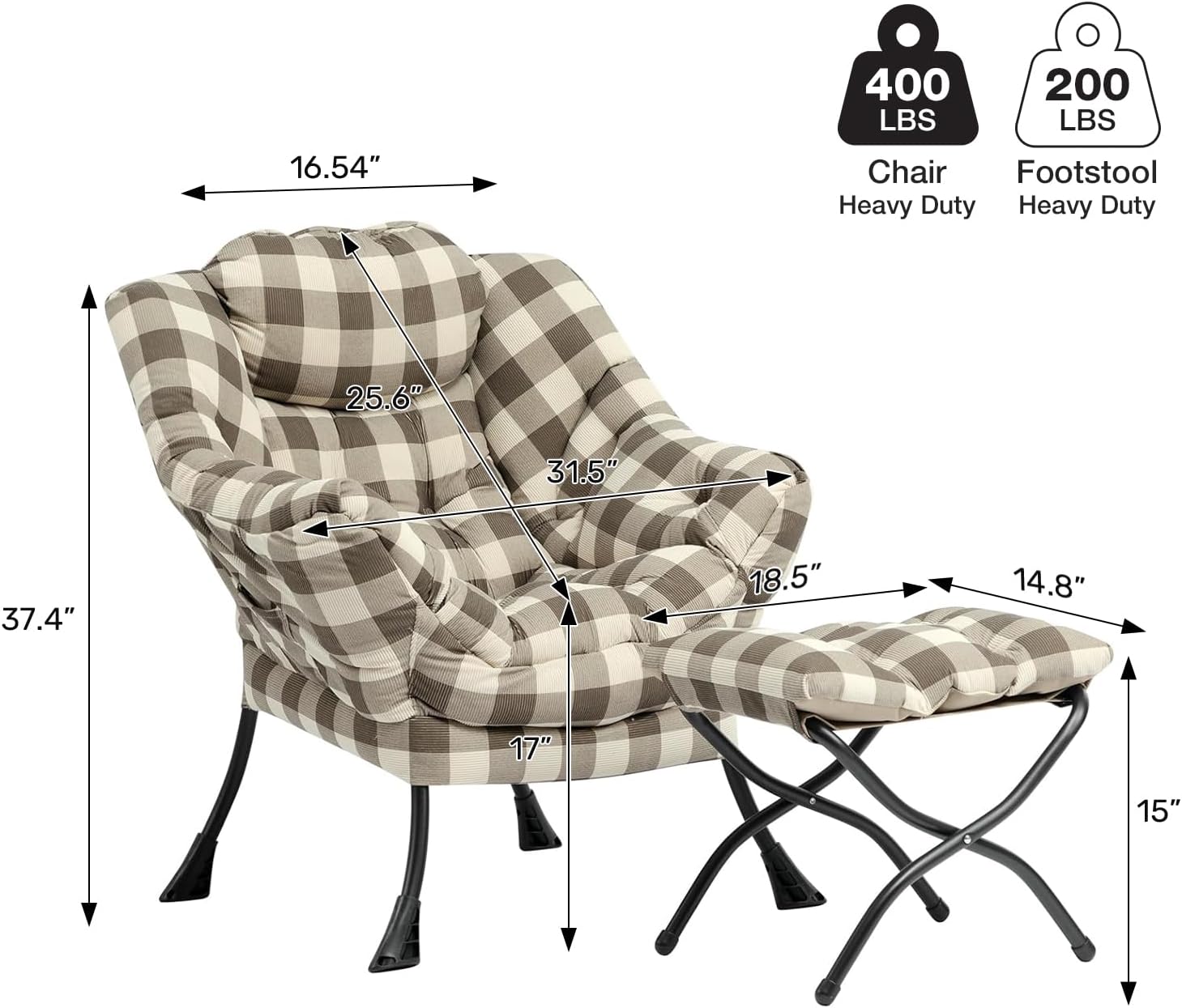 HollyHOME Lazy Chair with Foldable Ottoman, Accent Comfy Lounge Armchair and Folding Footrest Stool, Leisure Sofa Reading Chair and Footstool for Living Room, Bedroom, Dorm,Plaid Pattern