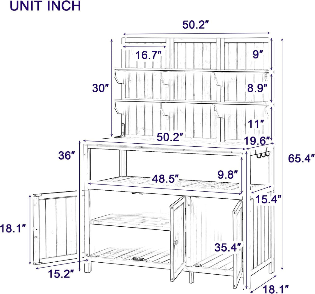 Merax Outdoor Potting Bench Table with Hutch, 50.2' Fir Wood Garden Workstation, Large Countertop, 2 Shelves, 2 Cabinets, 3 Side Hooks, Wooden Gardening Planting Table for Backyard, Patio, White