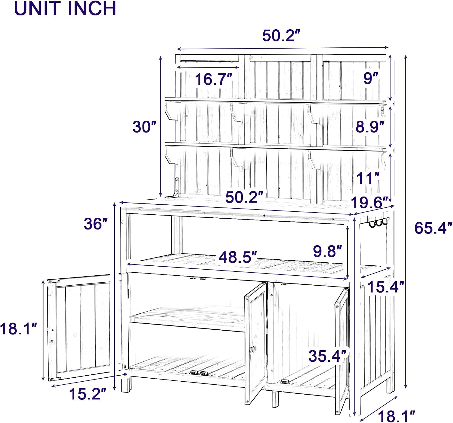 Merax Outdoor Potting Bench Table with Hutch, 50.2' Fir Wood Garden Workstation, Large Countertop, 2 Shelves, 2 Cabinets, 3 Side Hooks, Wooden Gardening Planting Table for Backyard, Patio, White