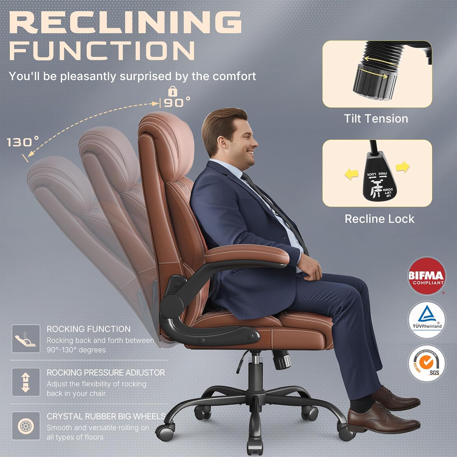 Office Chair-Executive High Back Breathable Comfy Desk Chair with Flip-up Armrests Lumbar Support-Ergonomic Leather Rolling Swivel Chair with Rock Function for Working,2 Pack