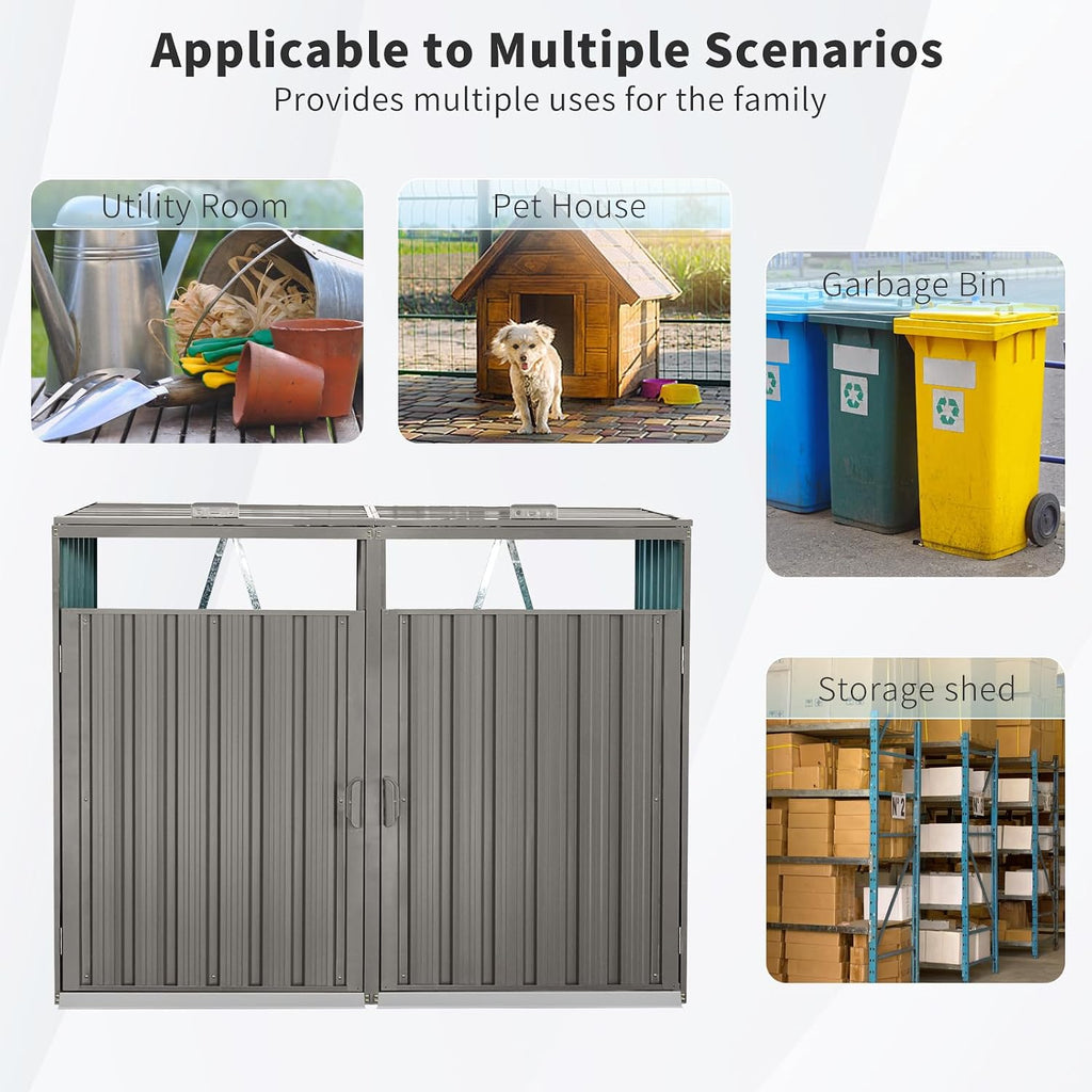 Outdoor Trash Can Storage, Storage Shed for 2 Trash cans and Tools,Waterproof Garbage Bin shed,Metal Trash Can Storage Shed Outdoor for Garden Yard(Light Grey-2 Doors)
