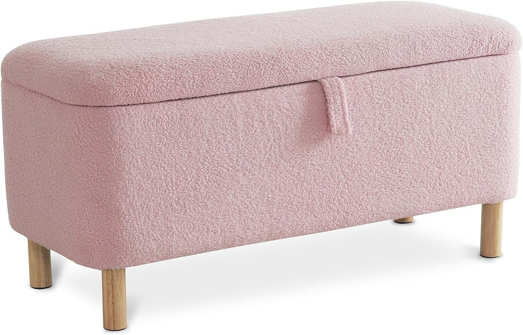 Boucle Storage Ottoman Bench for Bedroom end of Bed, Sherpa Upholstered Shoe Seat Storage Bench for Entryway Bed Foot, Rectangle Cushion Padded Blanket Chest Cute for Living Room, Pink