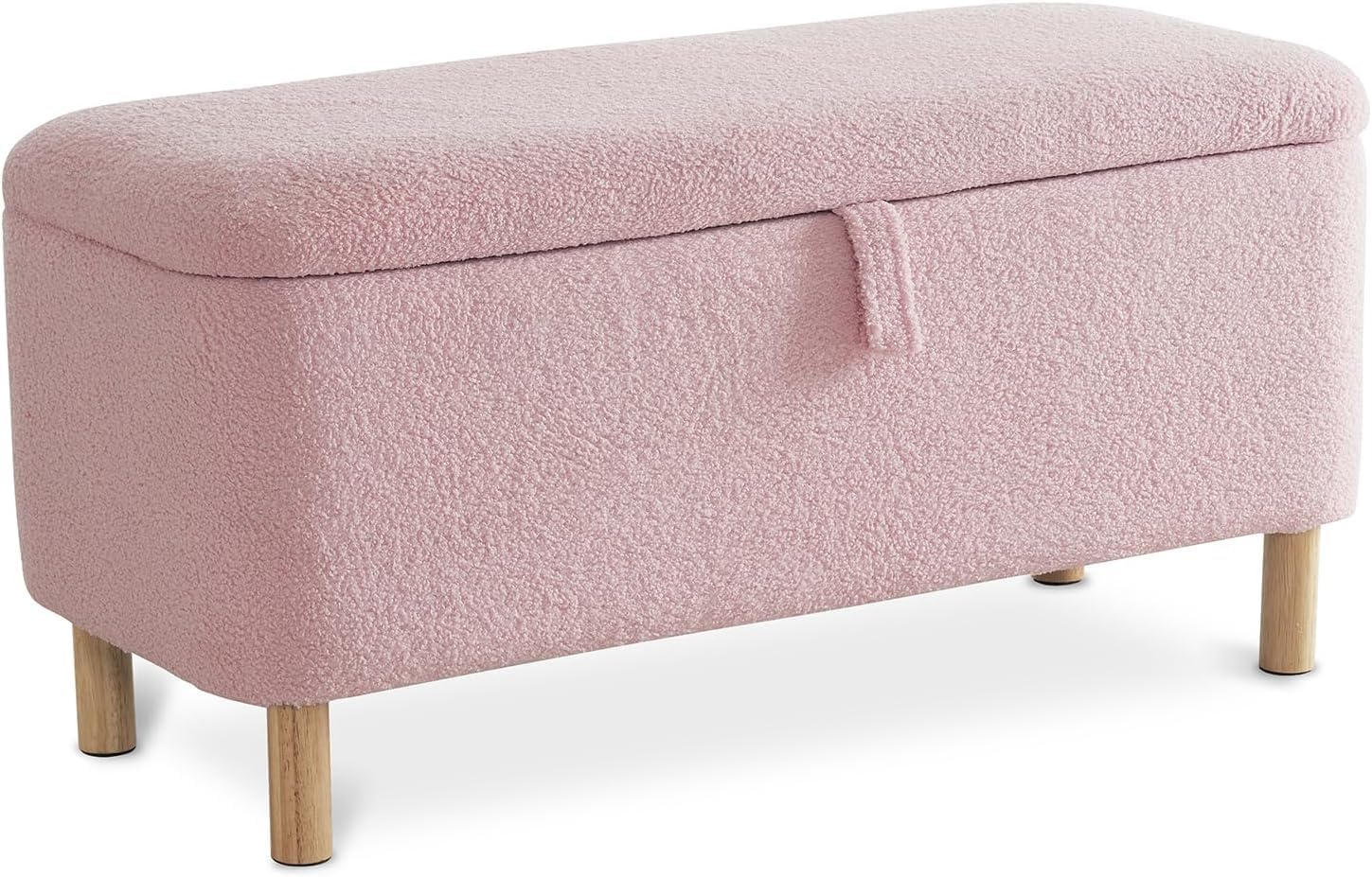 Boucle Storage Ottoman Bench for Bedroom end of Bed, Sherpa Upholstered Shoe Seat Storage Bench for Entryway Bed Foot, Rectangle Cushion Padded Blanket Chest Cute for Living Room, Pink