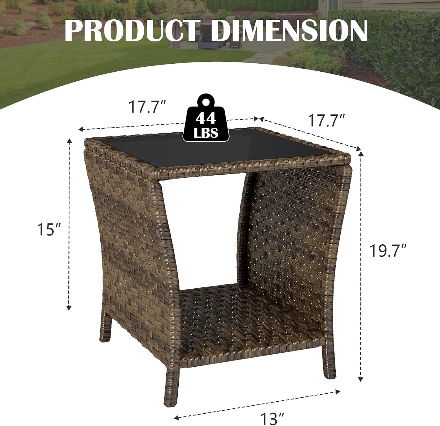 Outdoor Wicker Side Table, Set of 2 Rattan Side Tables End Table for Patio with Glass Top Rattan Storage for Patio Garden Balcony