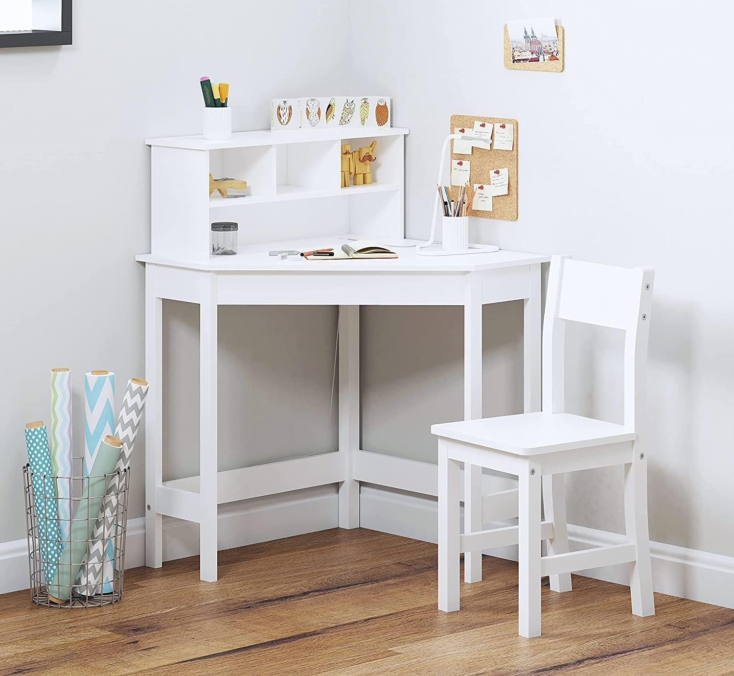HYGRAD BUILT TO SURVIVE Wooden Study Desk Chair Set for Kids, Writing Desk with Storage Cabinet – Computer and Gaming Workstation Table with Drawers for Bedroom, Study Room, Homeschool (White/Square)