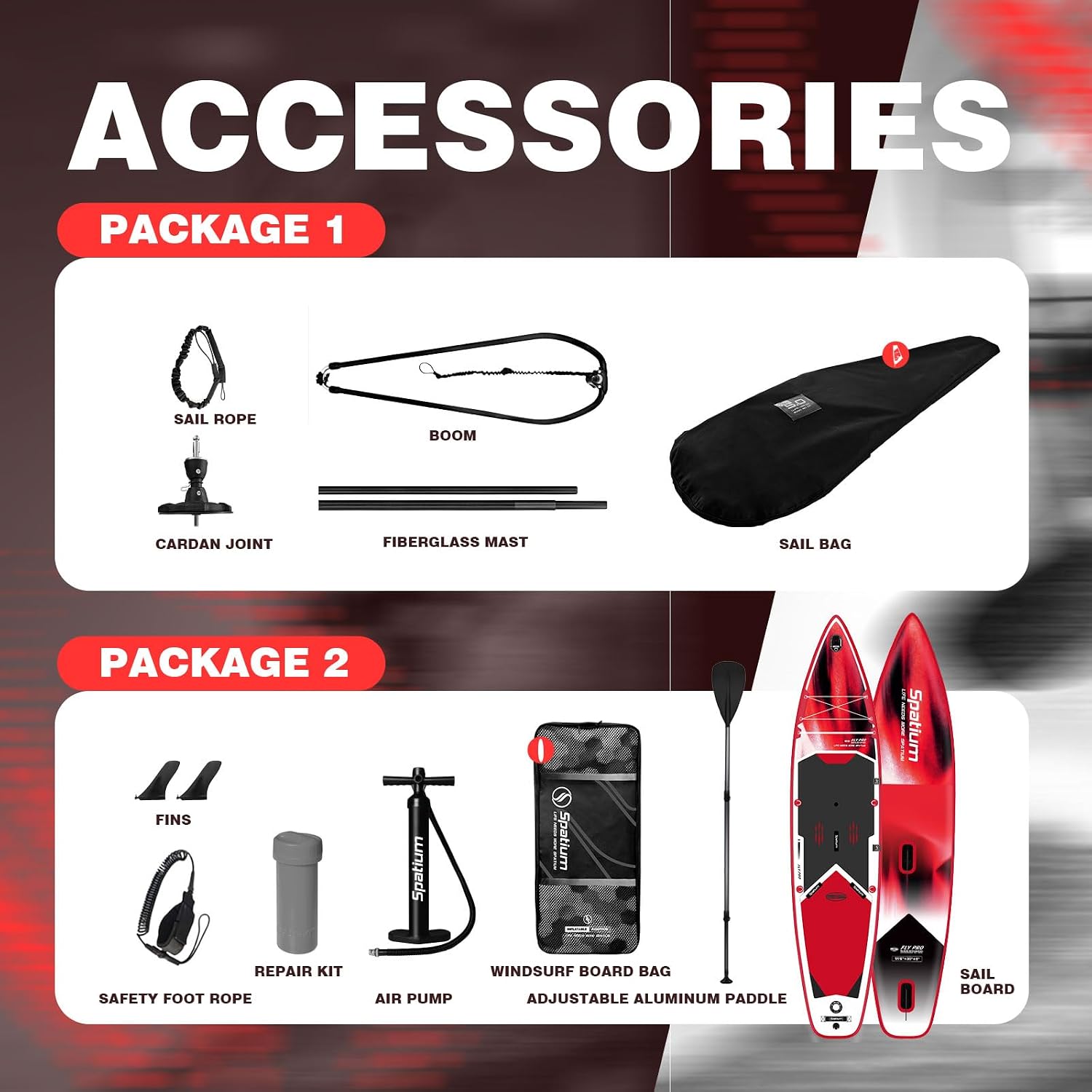 Spatium Paddleboard Sail Inflatable Windsurfing Board and Sail 5m²/6m² Inflatable Windsurf Sail with Sail Board for Newbie Friendly Windsurfer