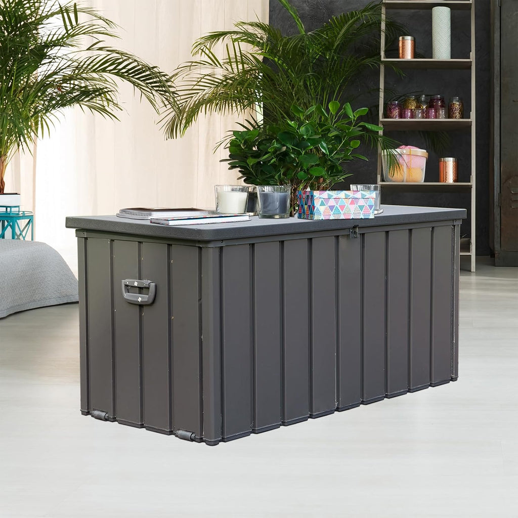 CHUNLY 100 Gallon Outdoor Waterproof Deck Box with Lockable Resin Lid, Storage Bench w/Mobility Rollers, All-weather Patio Storage Box for Outside Furniture Cushions, Garden Tools (Dark Gray)