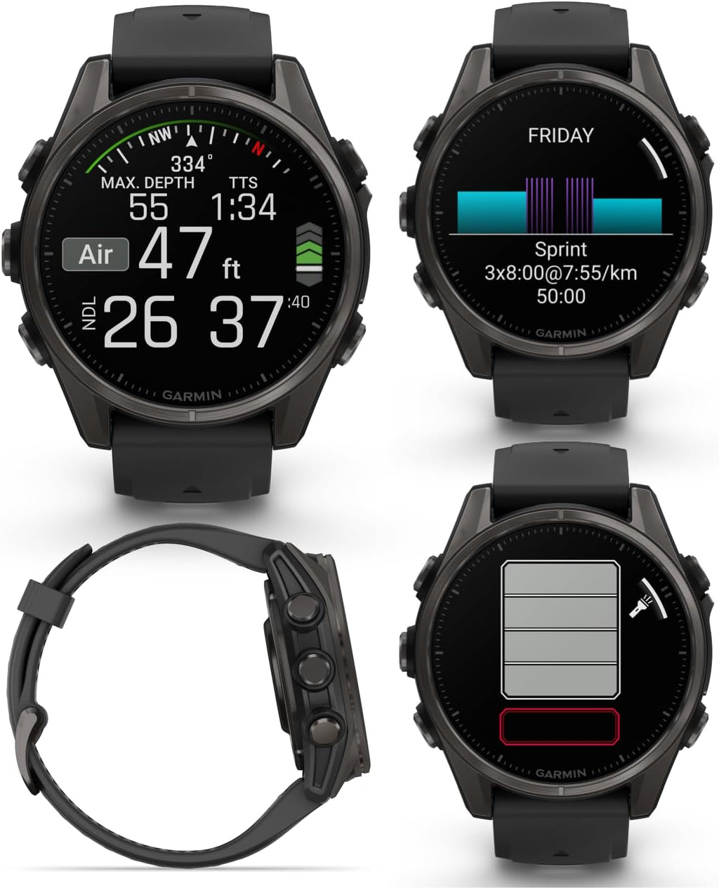 Garmin Fenix 8 – 43 mm Sapphire, AMOLED Multisport GPS Smartwatch, Carbon Gray DLC Titanium with Black/Pebble Gray Silicone, Built-in LED Flashlight White Earbuds Bundle