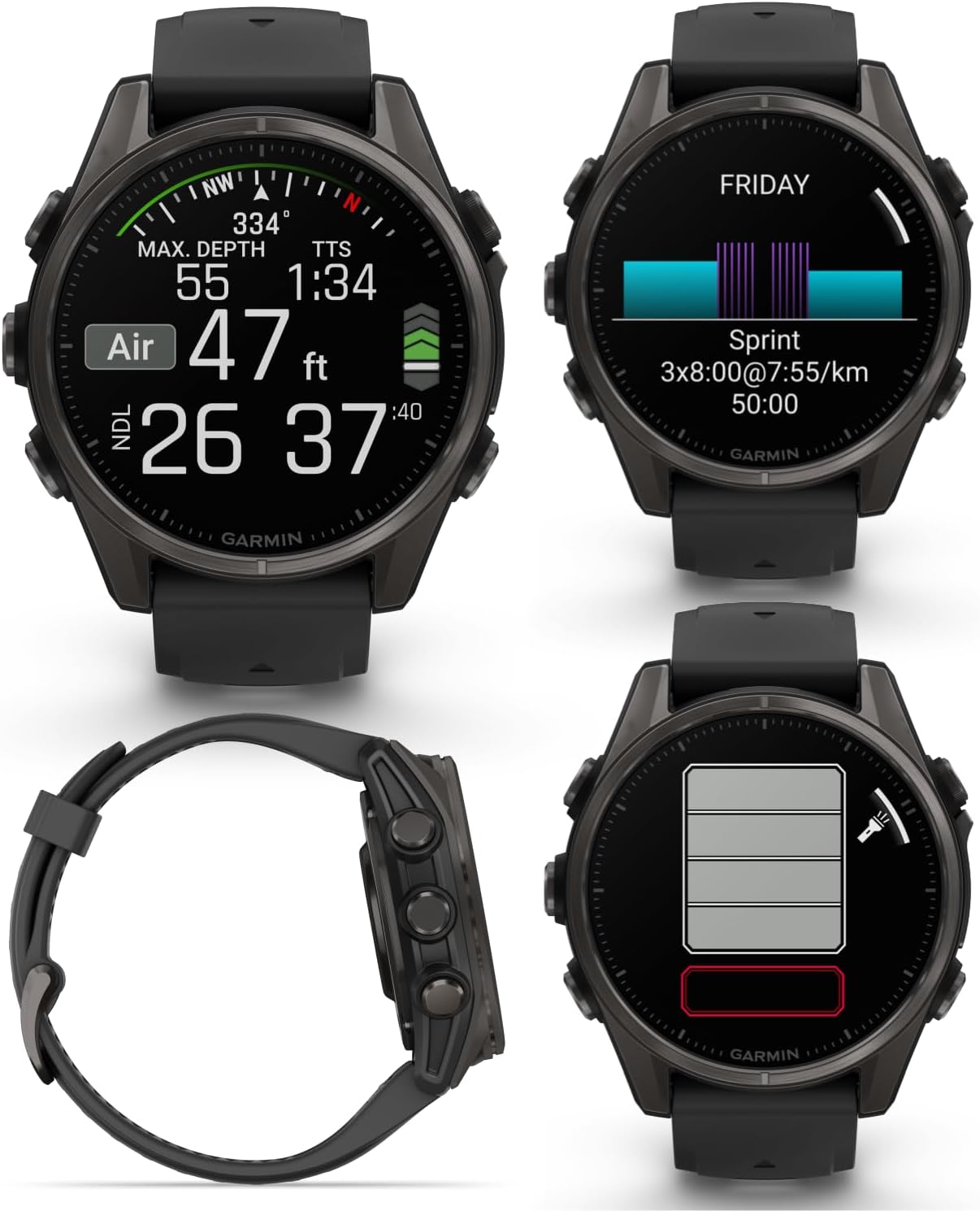 Garmin Fenix 8 – 43 mm Sapphire, AMOLED Multisport GPS Smartwatch, Carbon Gray DLC Titanium with Black/Pebble Gray Silicone, Built-in LED Flashlight White Earbuds Bundle