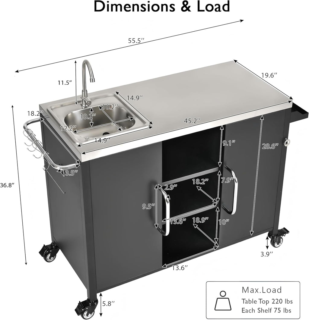 Outdoor Kitchen Island with Sink - 304 Stainless Steel Grill Cart, Locking Wheels, Spice Rack & Storage Cabinets | All-Weather Design for BBQ Prep, Patio, Poolside (Outdoor Island Cart with Sink)