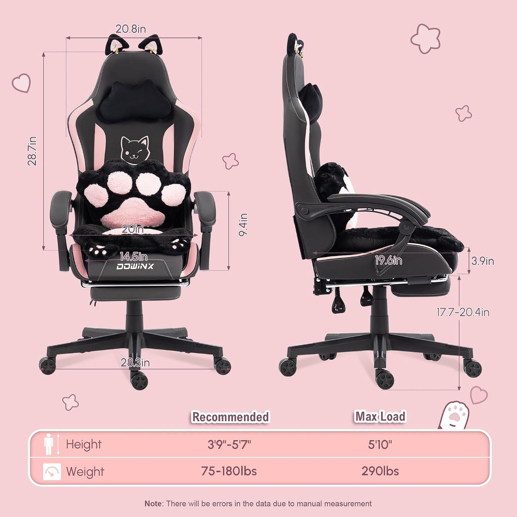 Dowinx Gaming Chair Cute with Cat Ears and Paw Lumbar, Ergonomic Computer Chair for Girl with Footrest and Headrest, Comfortable Reclining Game Chair 292lbs for Adult, Teen, Black