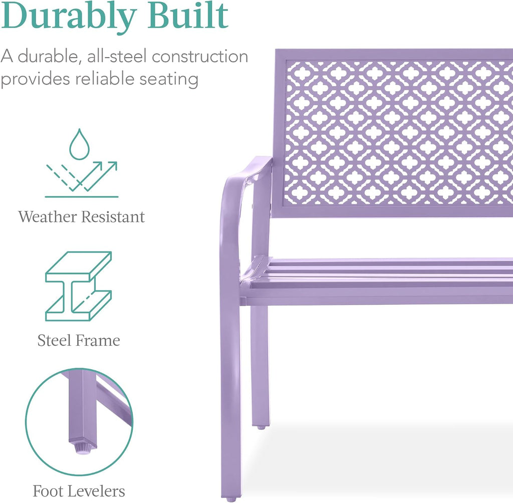 Best Choice Products Outdoor Bench 2-Person Metal Steel Benches Furniture for Garden, Patio, Porch, Entryway w/Geometric Backrest, 790lb Capacity - Lavender