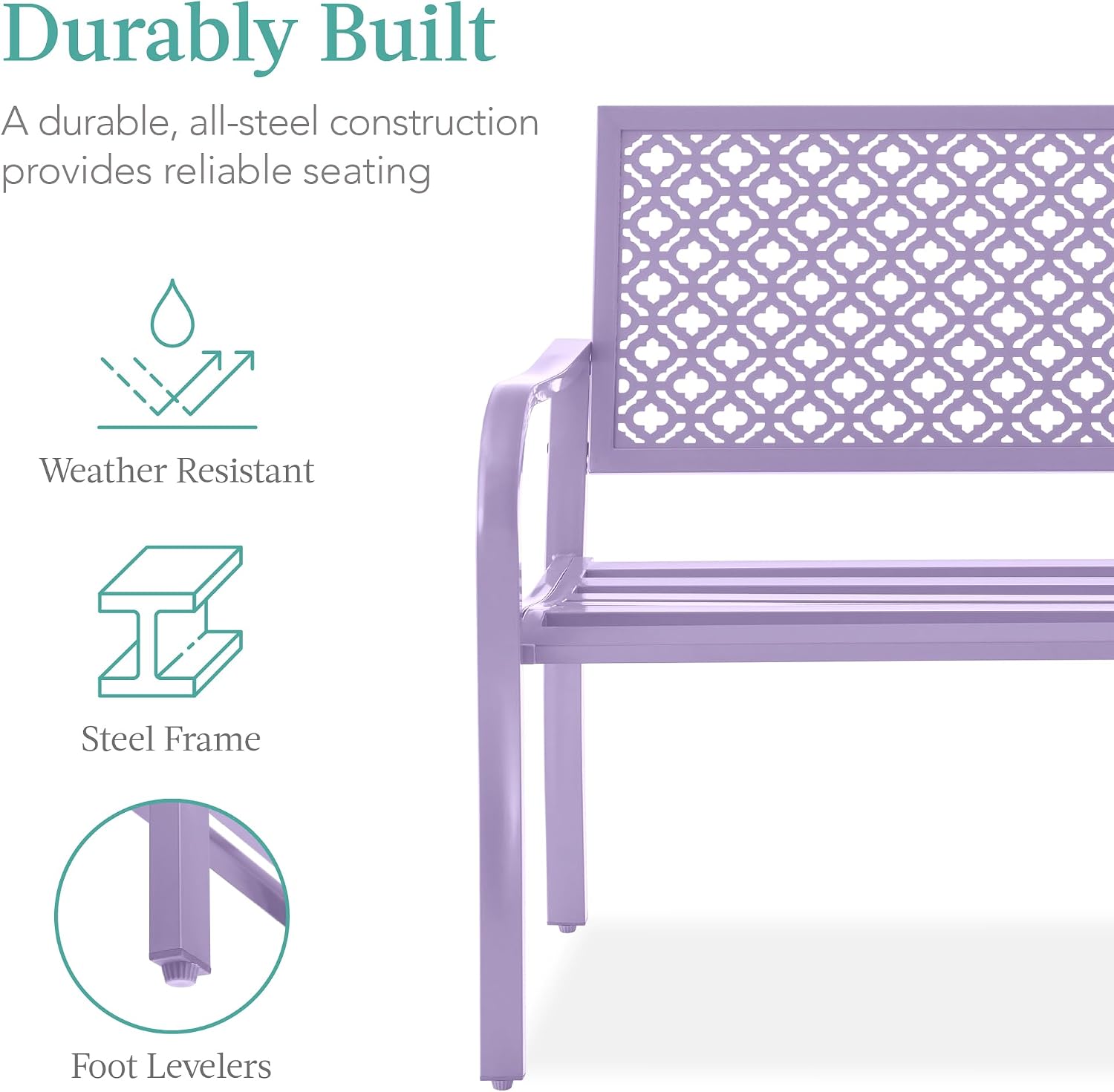 Best Choice Products Outdoor Bench 2-Person Metal Steel Benches Furniture for Garden, Patio, Porch, Entryway w/Geometric Backrest, 790lb Capacity - Lavender