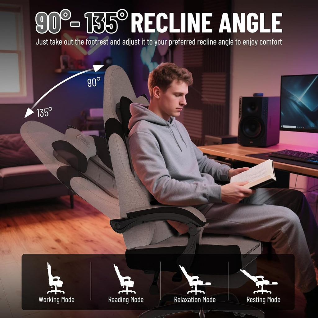 Ferghana Cotton Fabric Gaming Chair with Wider Seat Cushion, Shield-Shaped Embroidery Ergonomic High Back Game Chair with Footrest, Computer Chair with Massage Lumbar Support for Adult, White