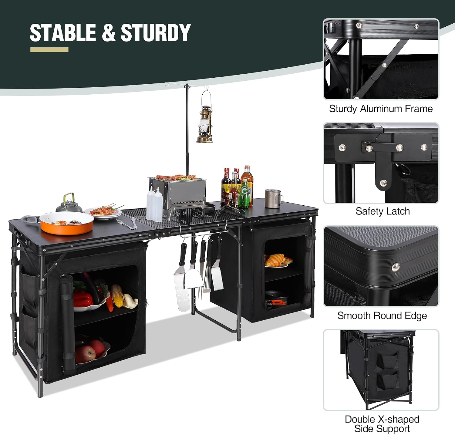 REDCAMP 6 ft Portable Camping Kitchen Table, Tri-fold Camping Grill Table Cook Station with Storage Organizer and Telescoping Light Stand for BBQ, Party and Picnic