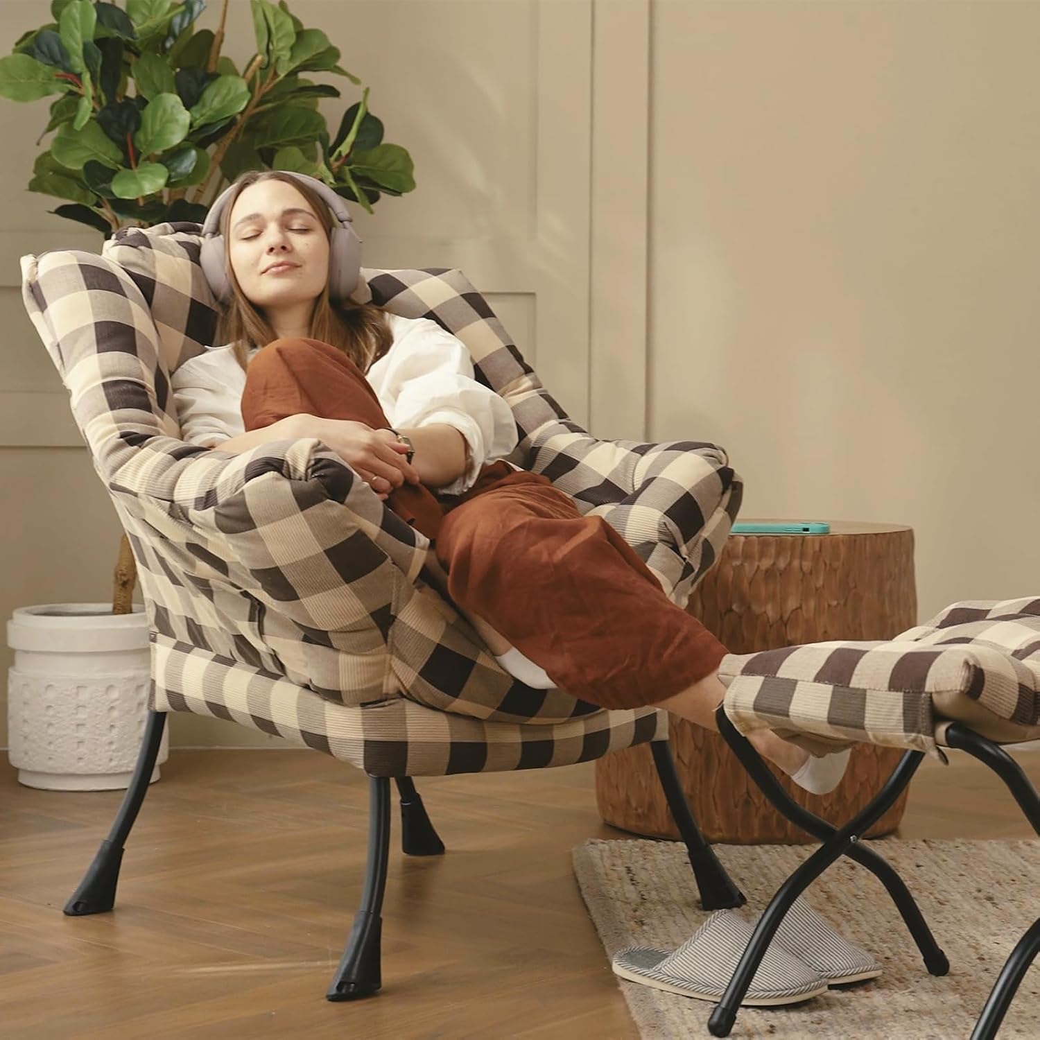 HollyHOME Lazy Chair with Foldable Ottoman, Accent Comfy Lounge Armchair and Folding Footrest Stool, Leisure Sofa Reading Chair and Footstool for Living Room, Bedroom, Dorm,Plaid Pattern