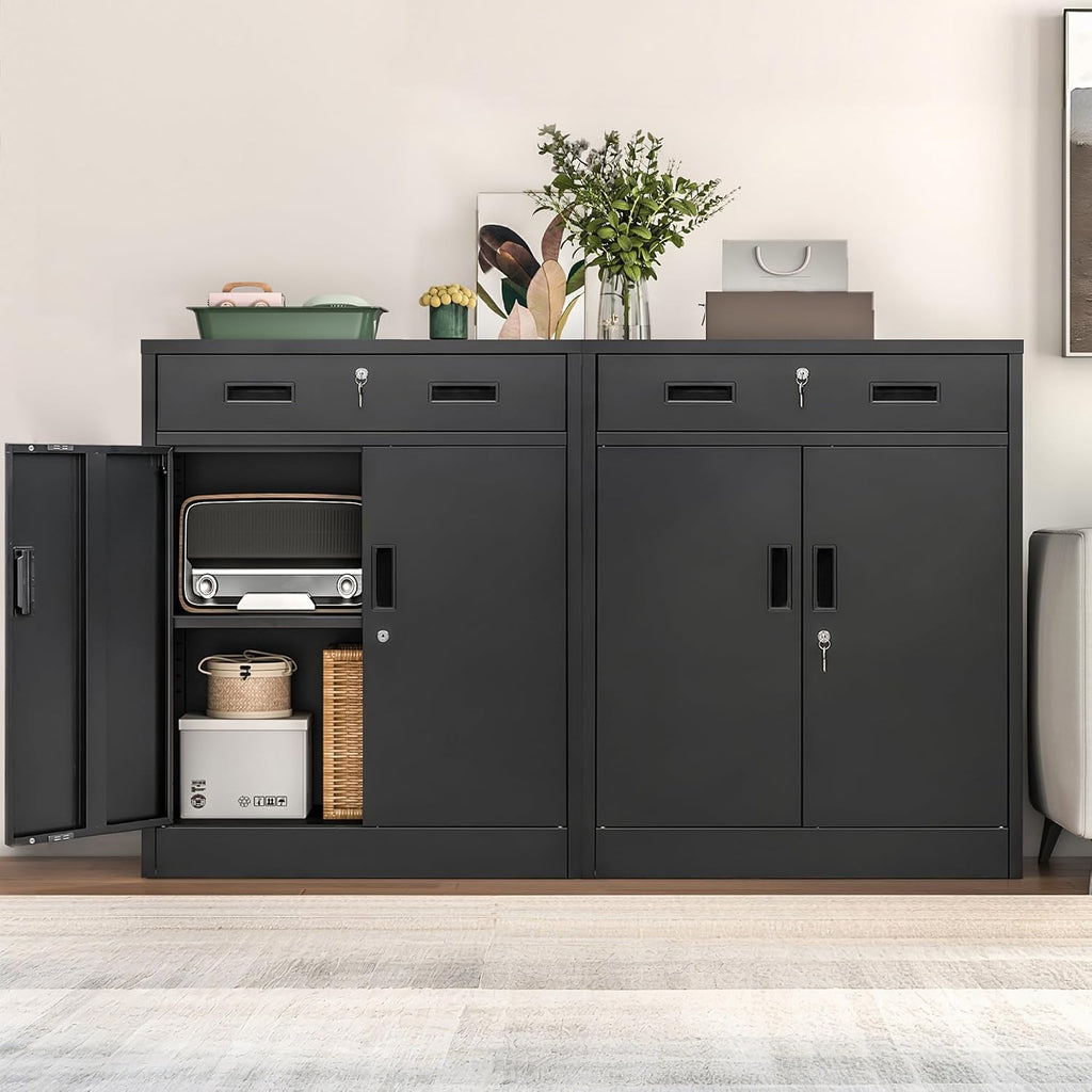 Wanfu Metal Storage Cabinet, Locking Cabinet with 1 Drawer and Adjustable Shelf, 36' H x 28' W x 16' D Metal Cabinets for Office, Garage, Home-Black