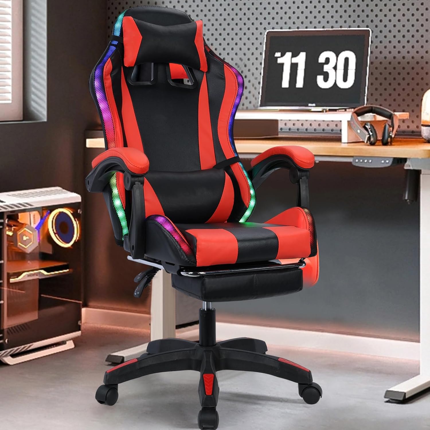 Gaming Chair,Gaming Chairs with Footrest, Led Gaming Chairs with RGB Lights,Comfortable Massage Gaming Chair,Ergonomic Game Chai rfor Adults,Video Game Chairs with High Back Lumbar Support (RED)
