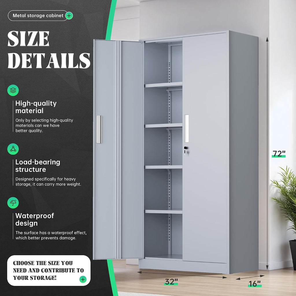 Incbruce 72' H x16 D Patio Metal Storage Cabinet, Outdoor Storage Cabinet with Doors and Adjustable Shelves, Tool Shed for Home, Patio, Office (Grey)