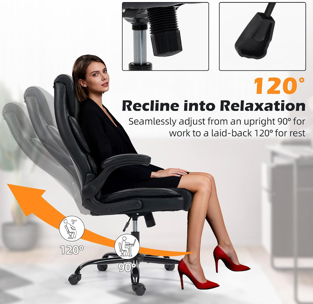 Office Chair - Ergonomic High Back Computer Desk Chair with Rocking Function & Lumbar Support - Executive Comfortable Wide Swivel Rolling Office Leather Chair with Flip-up Armrests for Home Gaming