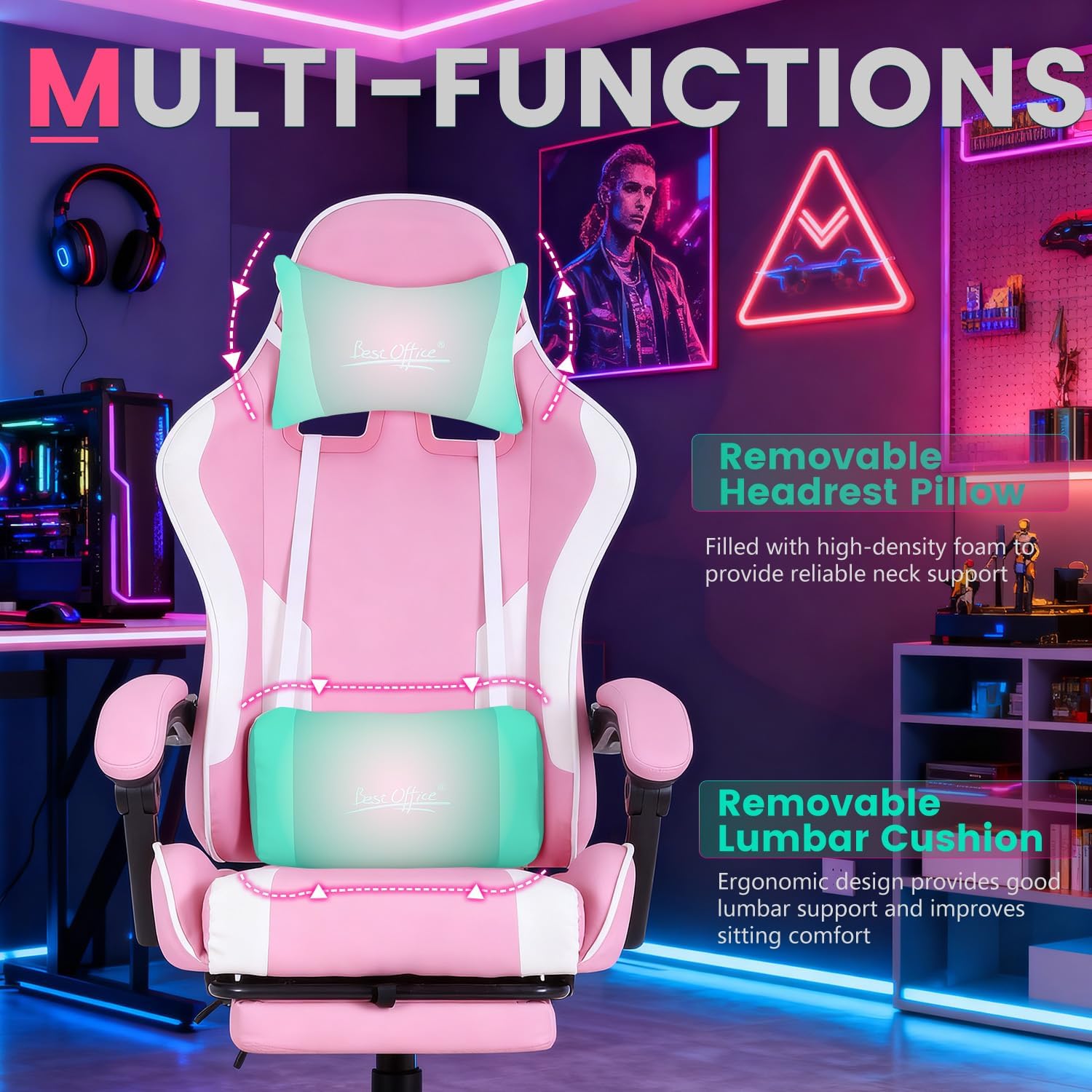 Gaming Chair Office Chair Desk Chair with Footrest Lumbar Support Headrest Armrest Task Rolling Swivel Ergonomic E-Sports Adjustable PC Gamer Chair(Pink)