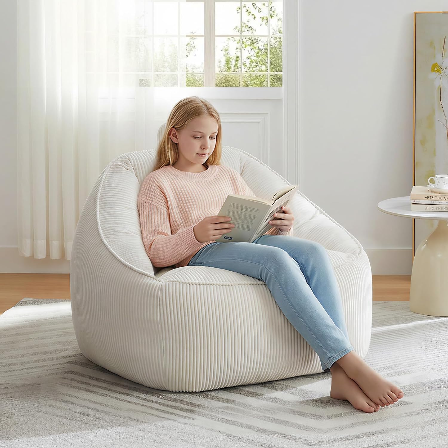 HUGHEAVEN Large Bean Bag Chairs for Kids,Bean Bag Chairs for Kids 8-12,Comfy Bean Bag Sofa with Back Support,Big Bean Bag Couch & Chair for Bedroom, Floor Sofa for Relaxing and Reading,Beige