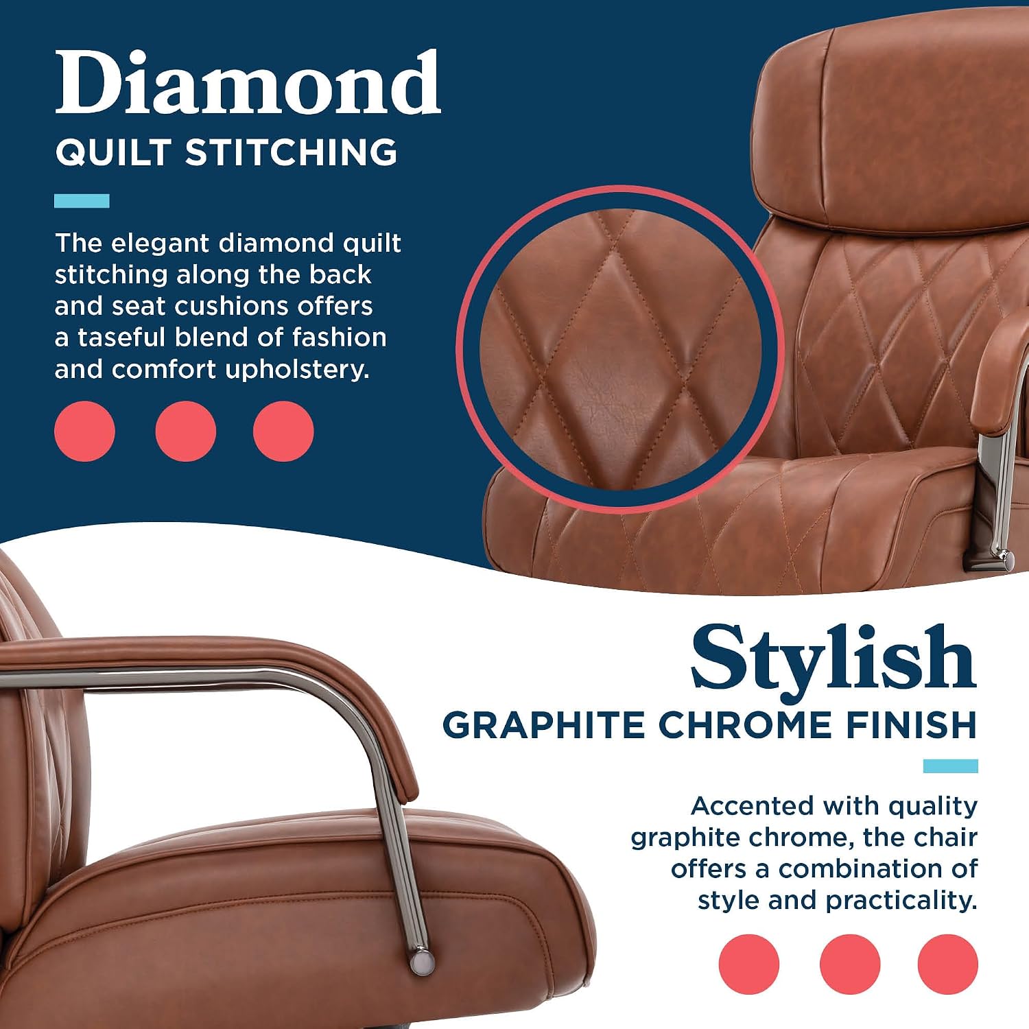 La-Z-Boy Symphony Executive Mid-Back Office Chair, Diamond Quilt Seat and Back, Pocket Coil Cushion, Padded Armrests, Ergonomic Computer DeskChair, Swivel Metal Base, Bonded Leather, Cognac/Graphite