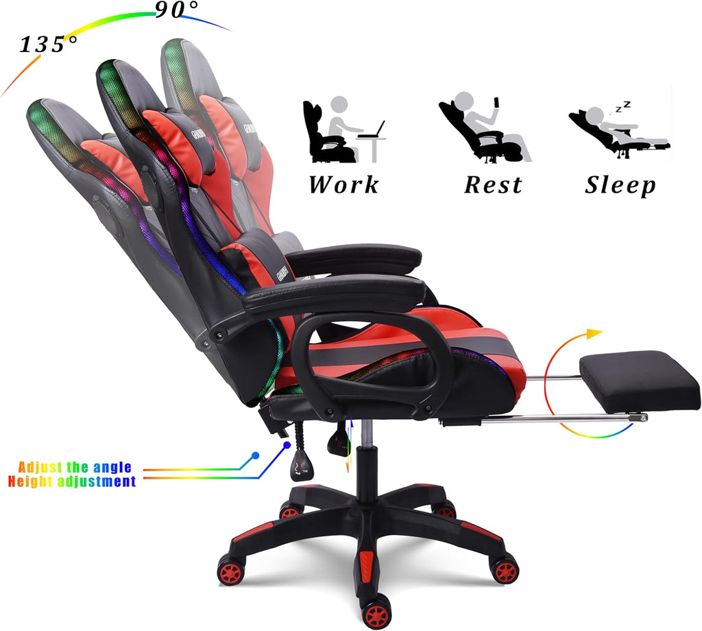 Video Gaming Chair with Speakers and RBG Lights,PC Chair with 7-Point Massage Lumbar Support and Footrest,Office Ergonomic Gaming Chair Adjustable Back and Armrest,Adult Gaming Chair.,Red