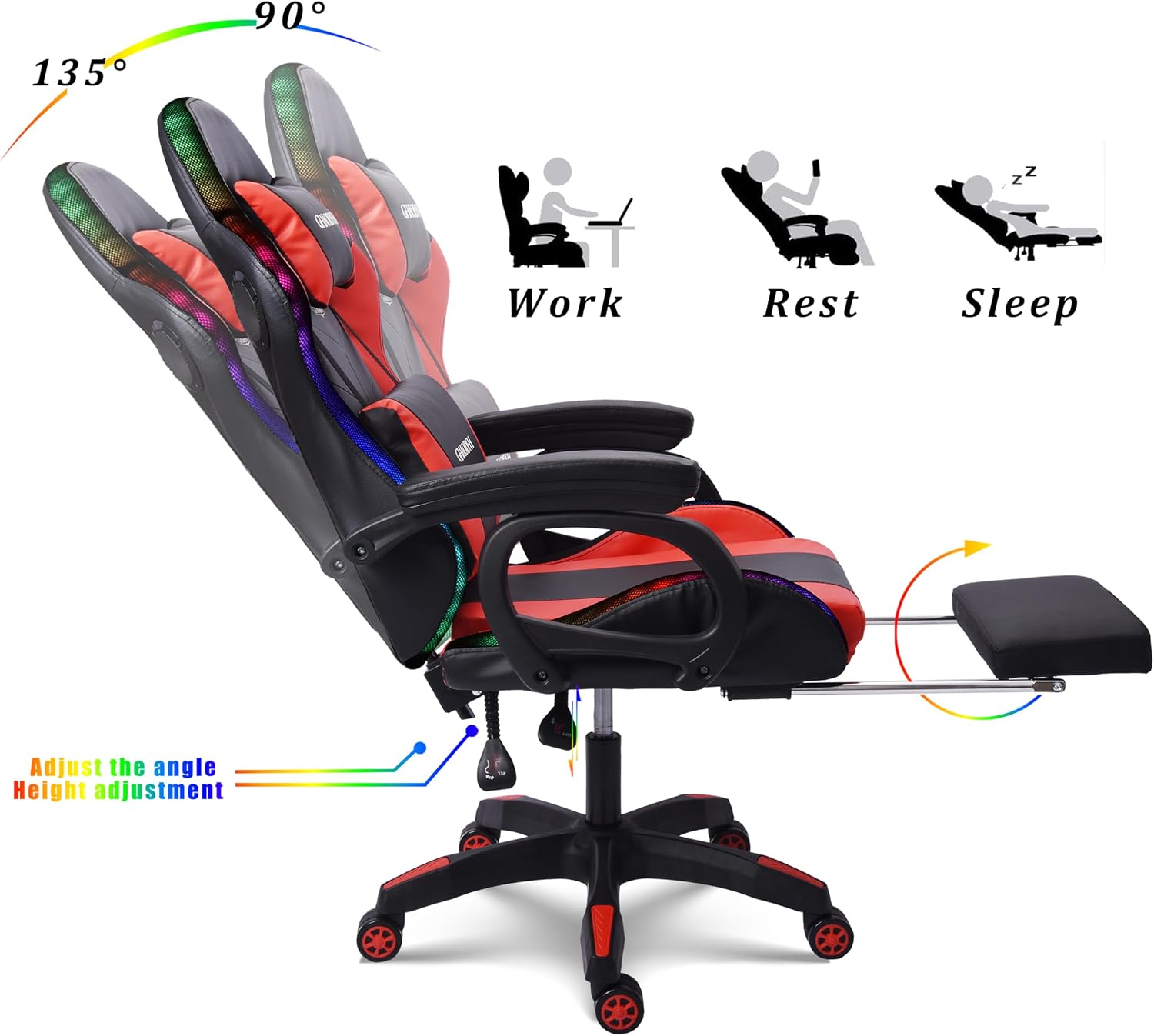 Video Gaming Chair with Speakers and RBG Lights,PC Chair with 7-Point Massage Lumbar Support and Footrest,Office Ergonomic Gaming Chair Adjustable Back and Armrest,Adult Gaming Chair.,Red