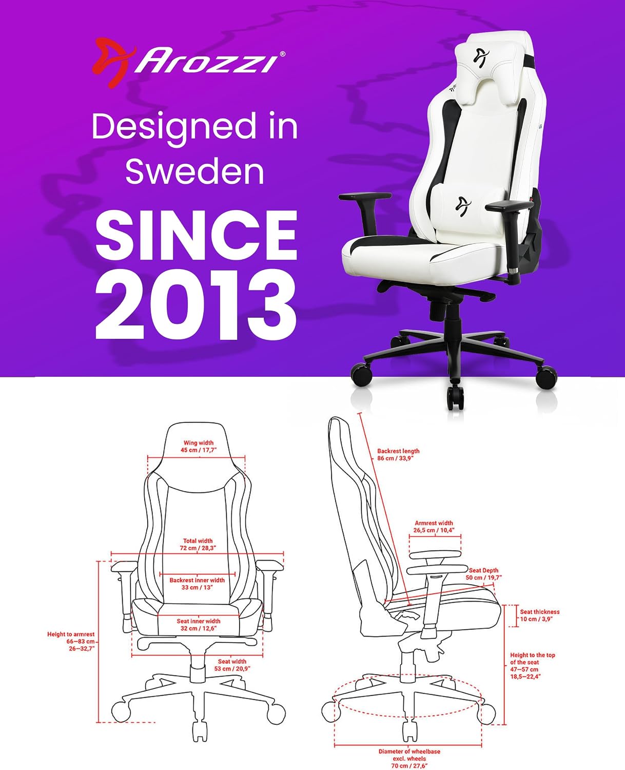 Arozzi Vernazza Gaming Chair - Soft PU Ergonomic Gaming Chairs for Adults Adjustable Height, Large Spacious Seat & Backrest with Support Pillows - Swedish Design Home Office Computer Chairs, White
