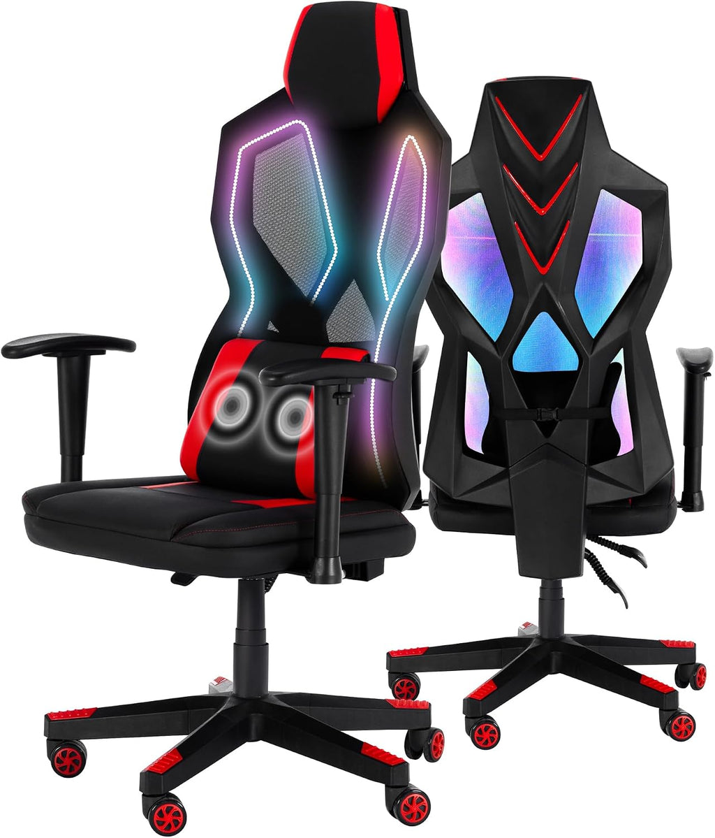 Frassie Gaming Chair with RGB LED Lights, Video Game Chair Ergonomic Computer Gamer Chair with Massage Lumbar Support (Red)