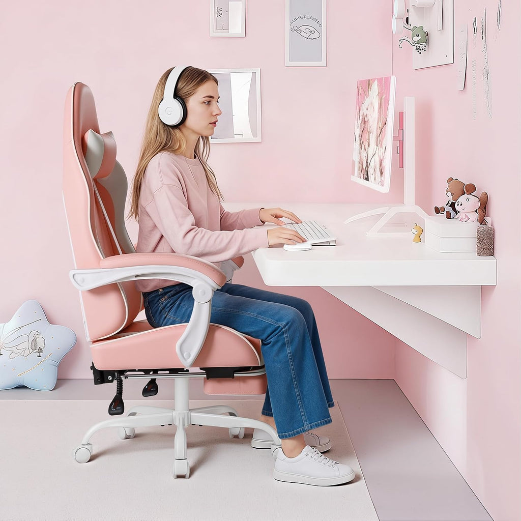 Shahoo Gaming Chair with Footrest and Massage Lumbar Support, Video Racing Seat Height Adjustable with 360° Swivel and Headrest for Office or Bedroom, Light Pink