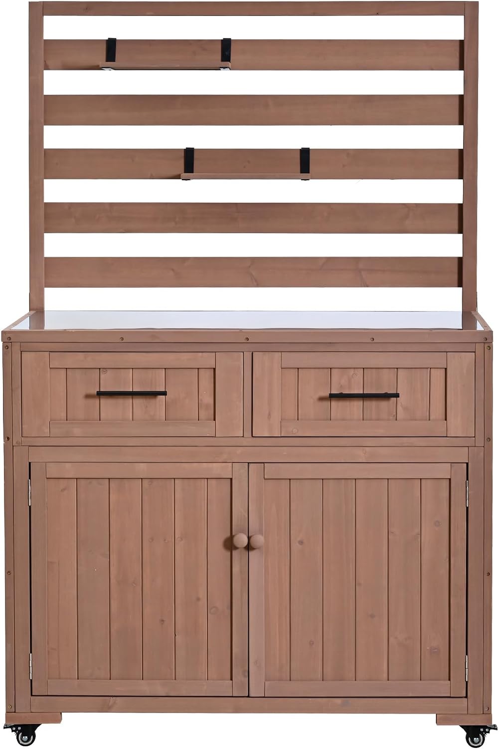 LUMISOL Garden Potting Bench Table with Stainless Table Top, 64.9'' H Solid Wood Garden Workstation with 3 Movable Shelves, Large Outdoor Kitchen Cart with 2 Drawers, for Patio Backyard, Brown