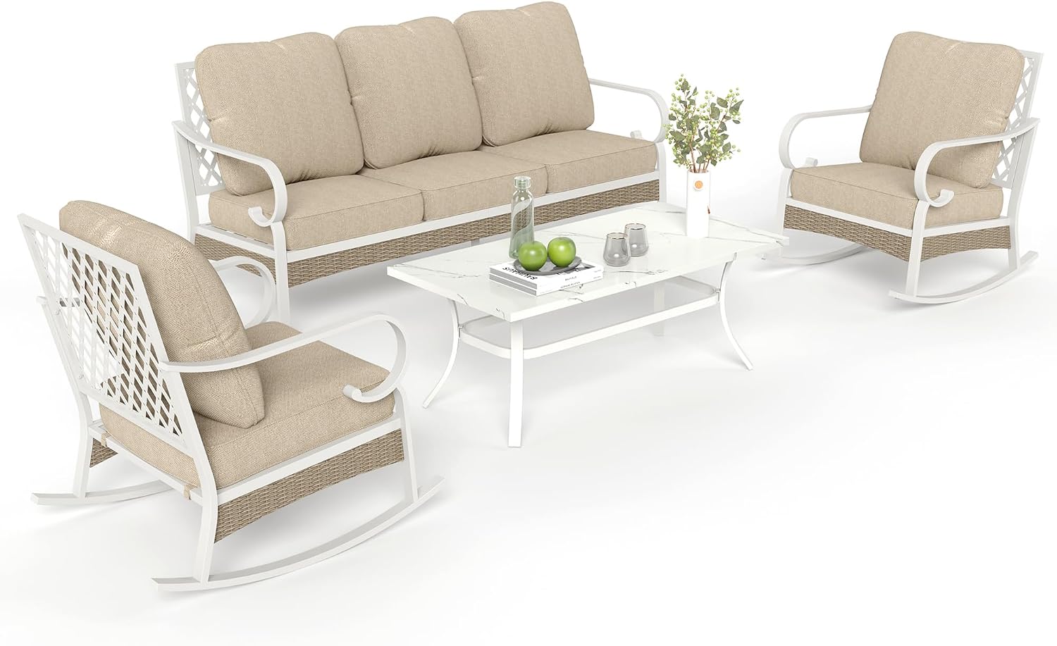 MIXPATIO 4 Piece Patio Furniture Set, 2 x Rocking Chair, 1 x 3-Seat Sofa with Marbling Coffee Table, All Cushioned 5 Seats Outdoor Conversation Set for Lawn Deck Backyard, Beige