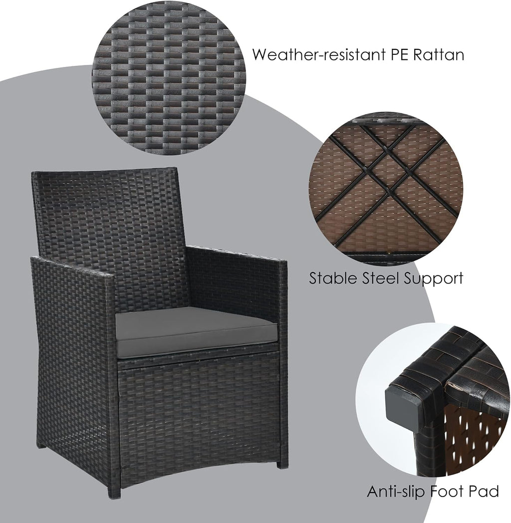 DORTALA Wicker Patio Bistro Set 3 Piece, Outdoor Table and Chairs with Tempered Glass Tabletop, Cushions, Small Rattan Furniture Conversation Sofa Set for Balcony, Porch, Backyard, Deck, Grey