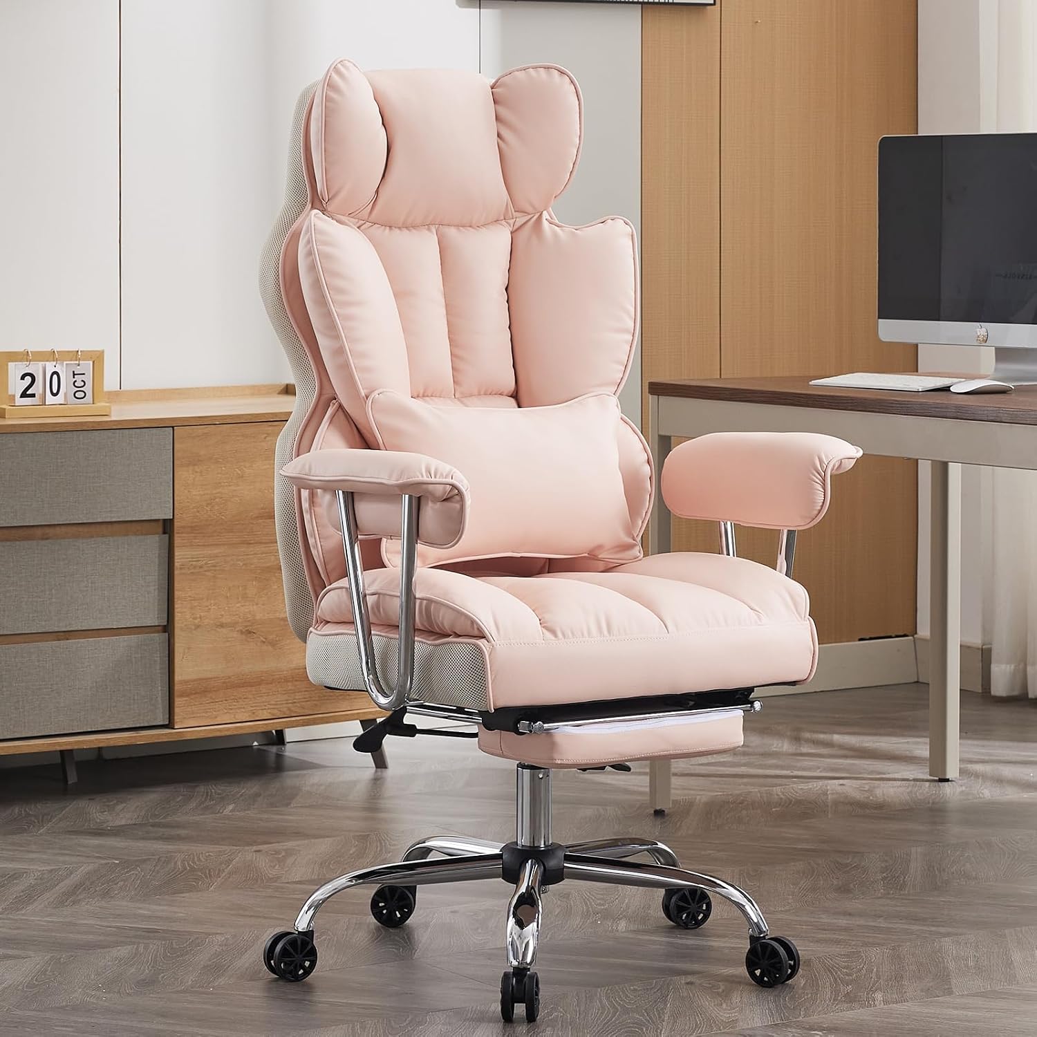 Efomao Big and Tall Office Chair, 400lbs Heavy Duty High Back Executive Chair with 23.6' Extra Wide Seat, PU Leather Desk Chair with Footrest and Padded Armrests, Pink
