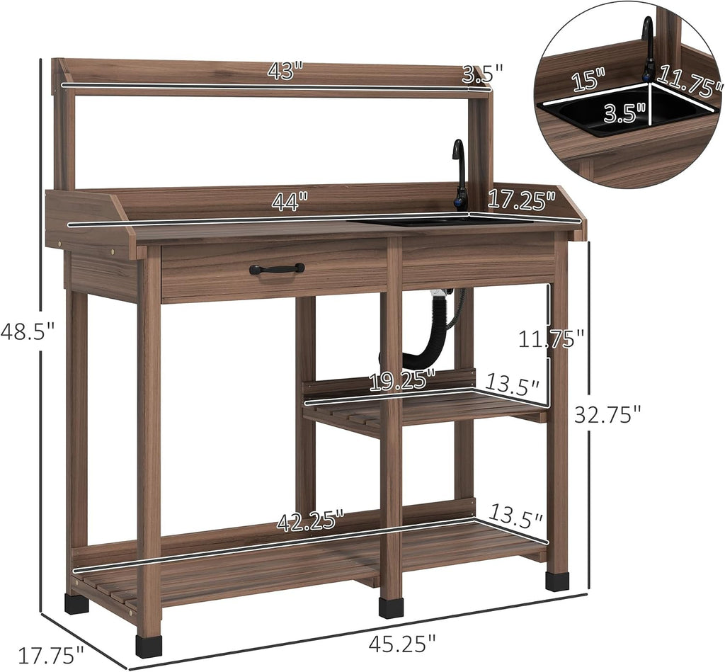 Outsunny Potting Bench Table, Outdoor Garden Table Wooden Work Station with Removable Sink, Faucet, Drawer, Shelves, Hooks, Dark Brown