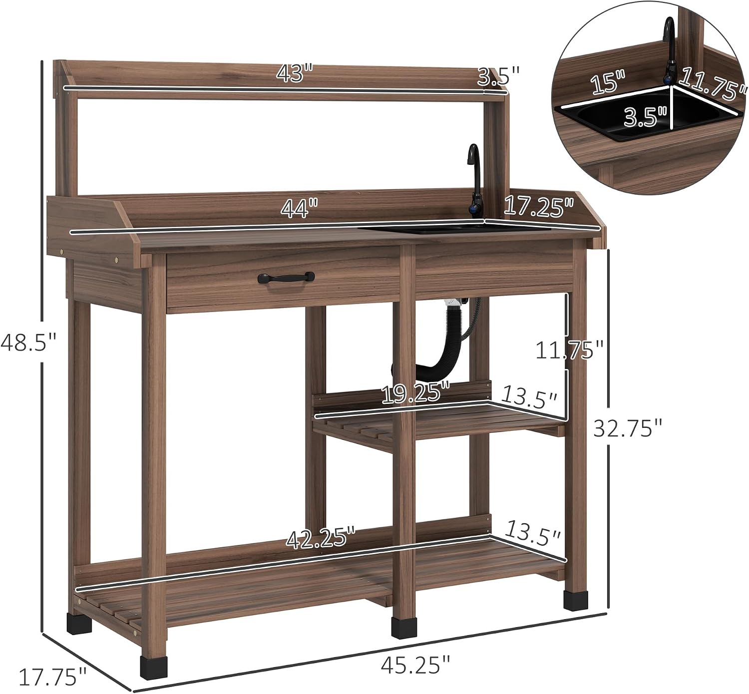 Outsunny Potting Bench Table, Outdoor Garden Table Wooden Work Station with Removable Sink, Faucet, Drawer, Shelves, Hooks, Dark Brown