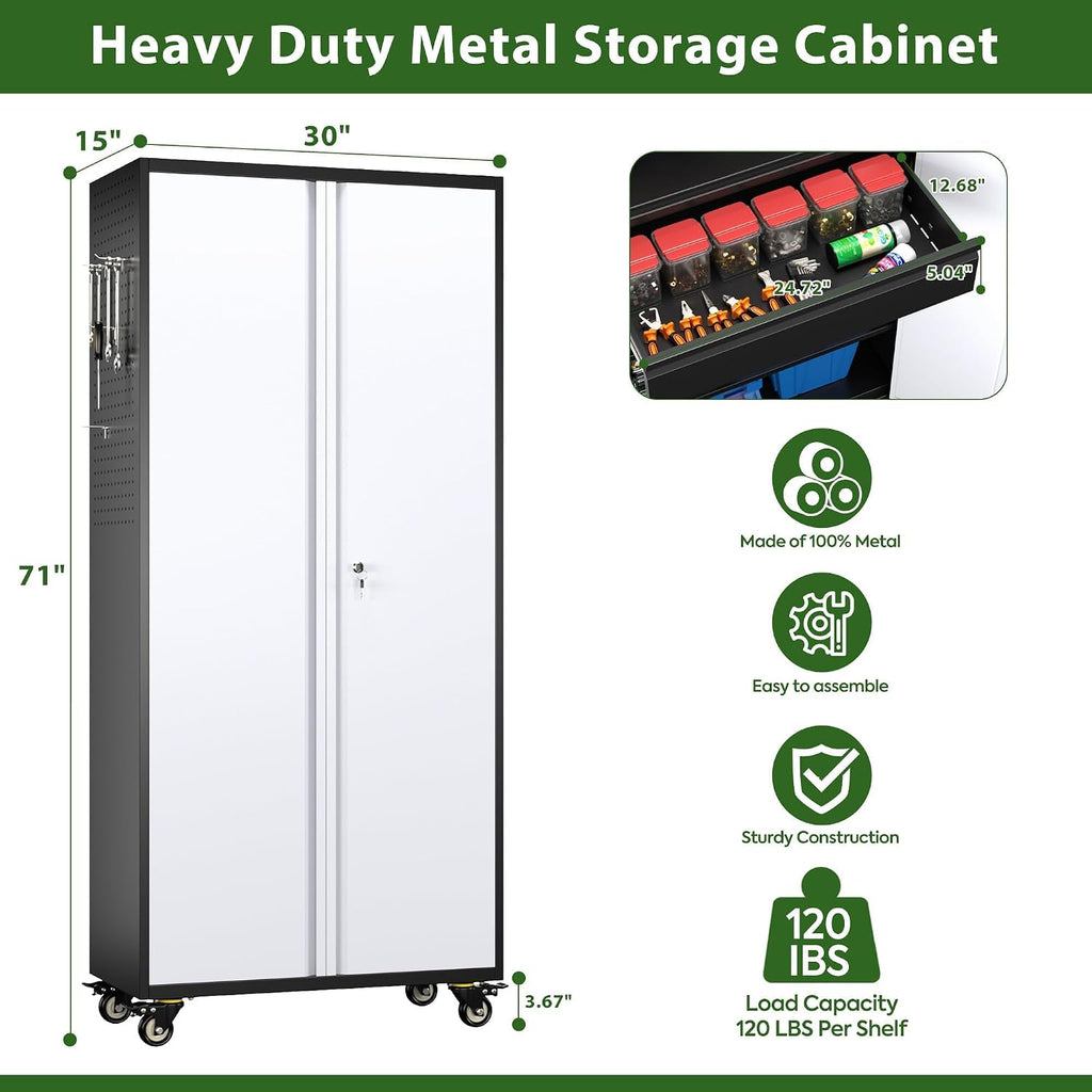 Aobabo Garage Storage Cabinet with Wheels, Metal Storage Cabinet with 1 Drawer for Home, Garage, Assembly Required, Black & Grey