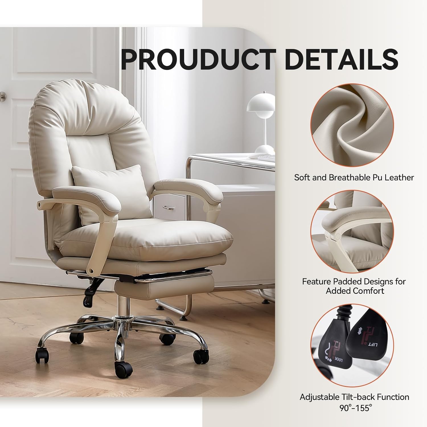 EMIAH Ergonomic Office Chair with Foot Rest Criss Cross Chair with Wheels Reclining Executive Office Chair Mid Back PU Leather Swivel Computer Chairs Lumbar Support for Home Office (Beige)
