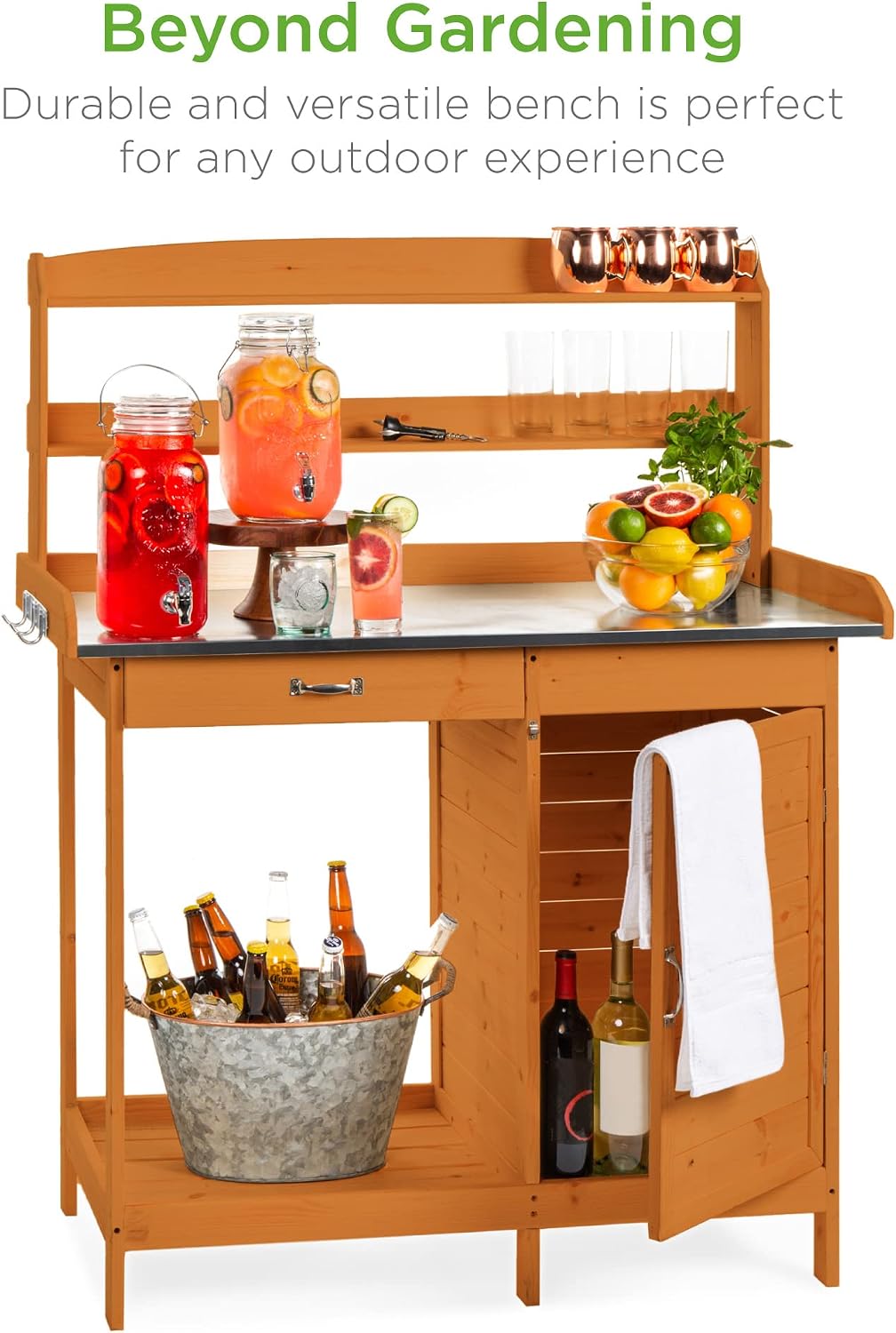 Best Choice Products Outdoor Garden Wooden Potting Bench Work Station w/Metal Table Top, Pre-Stained Finish, Cabinet, Sliding Drawer, Large Bottom Shelf - Brown