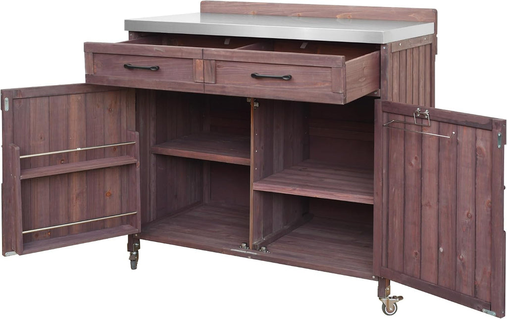LUMISOL Outdoor Grill Cart with Stainless Steel Top, Outdoor Rolling Kitchen Island with Drawer & Adjustable Shelves, 39.4' Farmhouse Kitchen Cart with Internal Storage Racks & 4 Wheels, Dark Brown