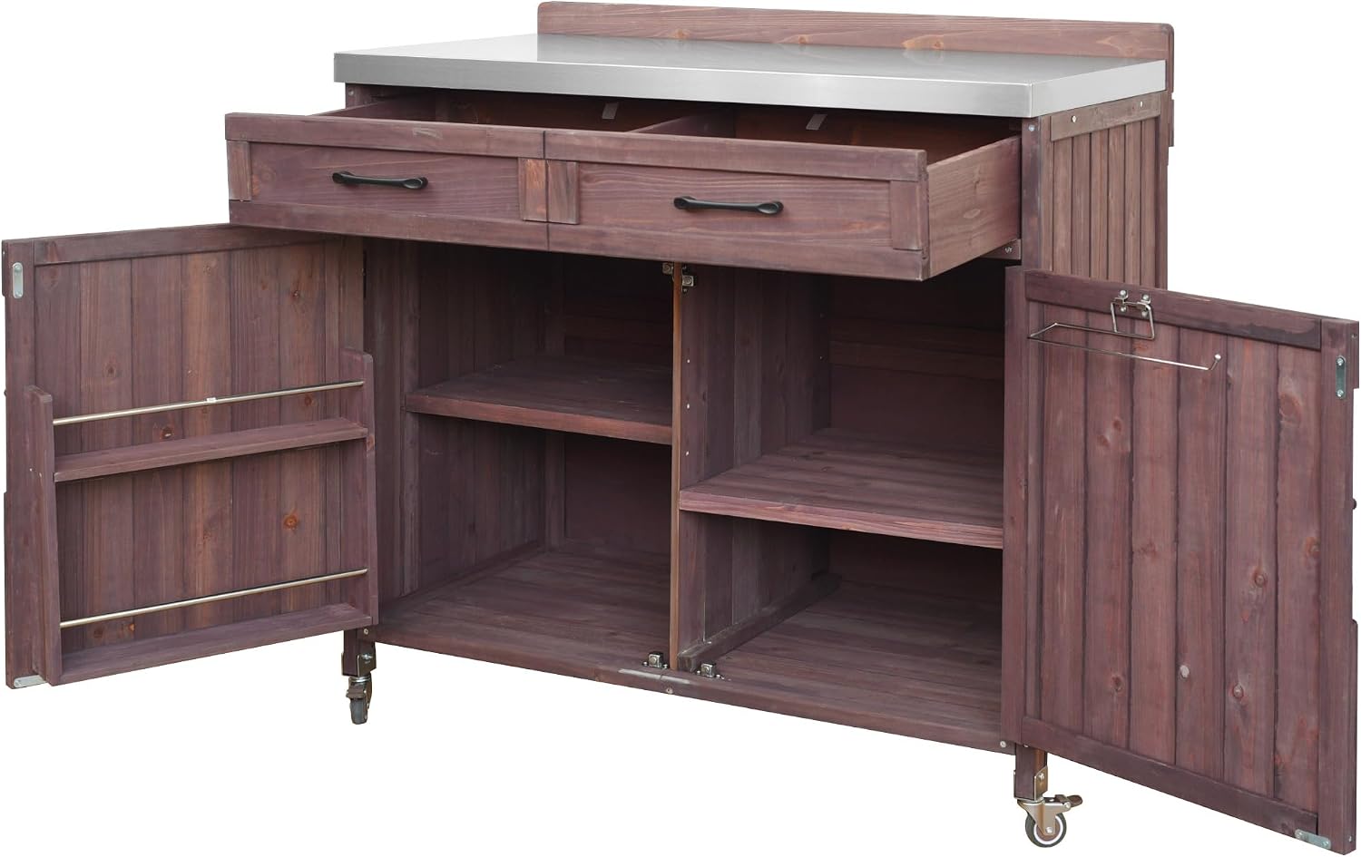 LUMISOL Outdoor Grill Cart with Stainless Steel Top, Outdoor Rolling Kitchen Island with Drawer & Adjustable Shelves, 39.4' Farmhouse Kitchen Cart with Internal Storage Racks & 4 Wheels, Dark Brown