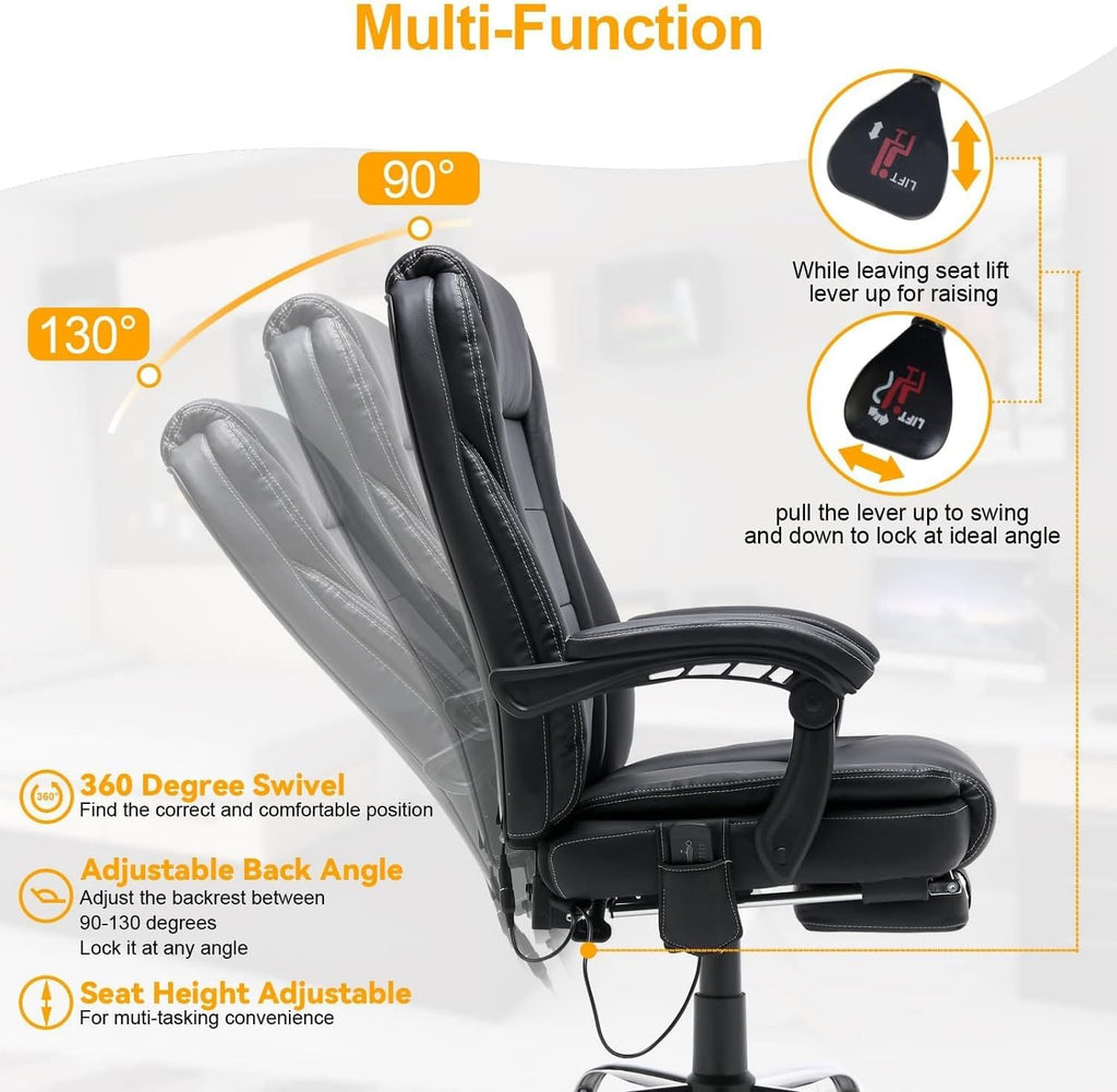 HOMREST 6-Point Massage Reclining Office Chair, Leather Heating Executive Chair, Ergonomic Home Office Desk Chair with Retractable Footrest,Computer Chair for Home Office, Study, Gaming