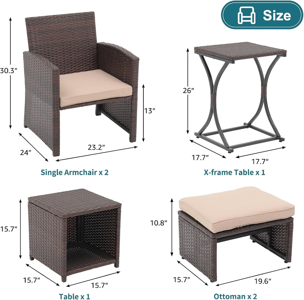 OC Orange-Casual 6 Piece Patio Wicker Furniture Set, Balcony All Weather Rattan Chair, with Space Saving Ottoman, Resin Nesting Coffee Table, Modern Design, Beige