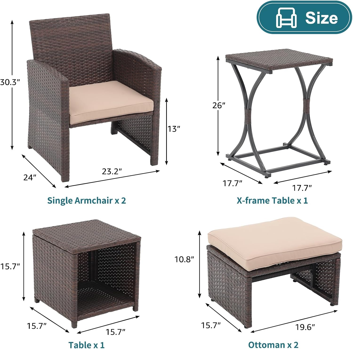 OC Orange-Casual 6 Piece Patio Wicker Furniture Set, Balcony All Weather Rattan Chair, with Space Saving Ottoman, Resin Nesting Coffee Table, Modern Design, Beige